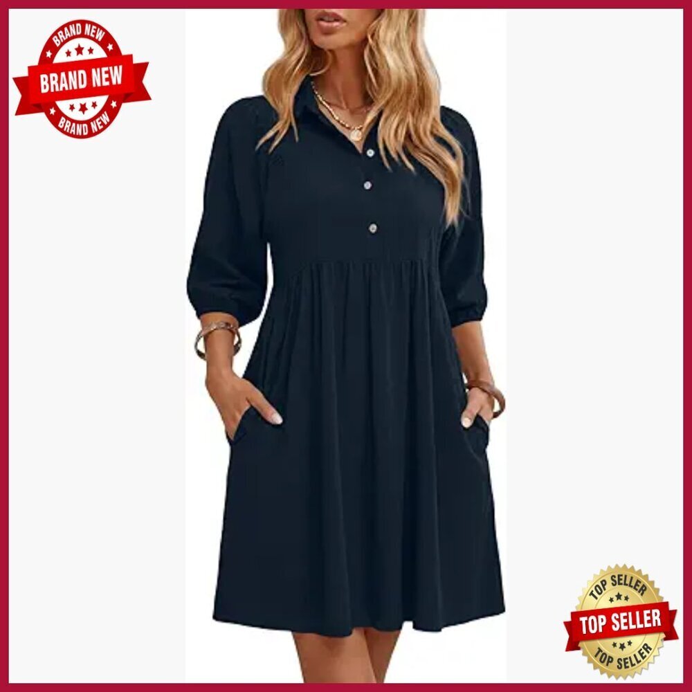 Casual Shirt Dress with Lantern Sleeves and Pockets, Button Down Collar